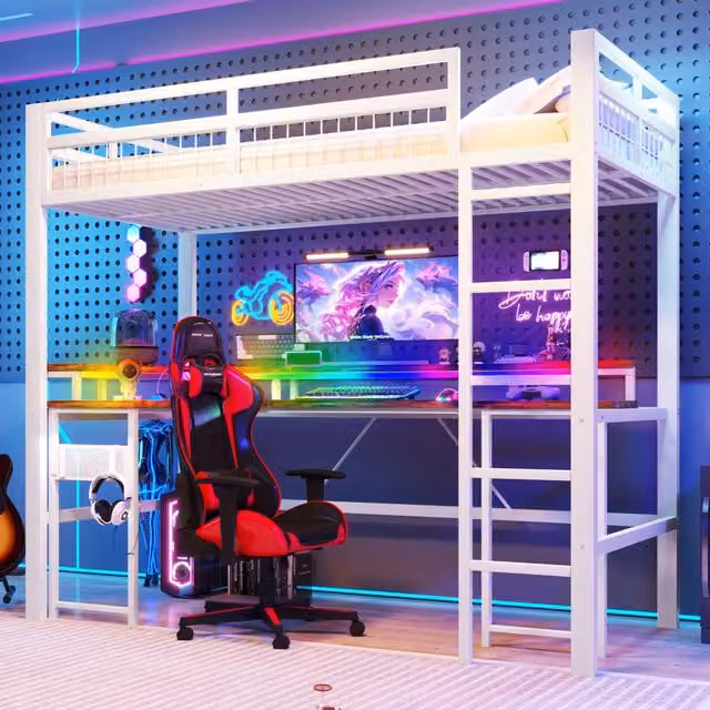 Letto a Soppalco con Scrivania e LED ¨C MINIMAL ¨C Bianco, 90x200, Metallo