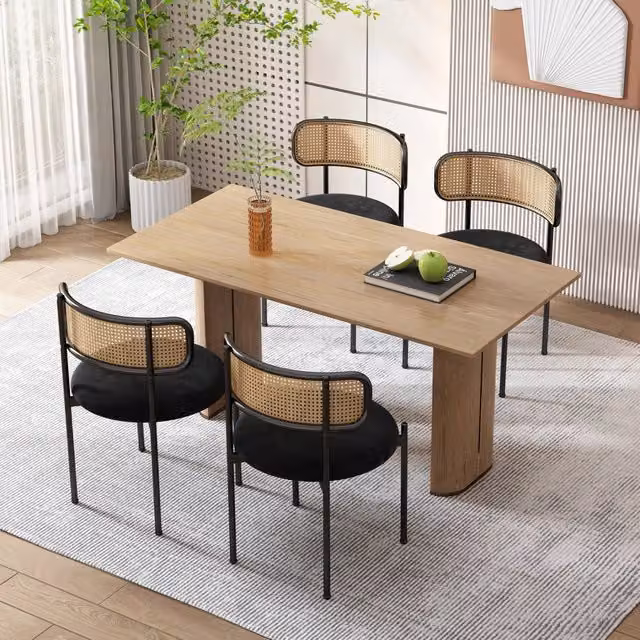 Set di 4 sedie da pranzo WISHDOR in velluto nero con schienale in rattan e gambe in metallo