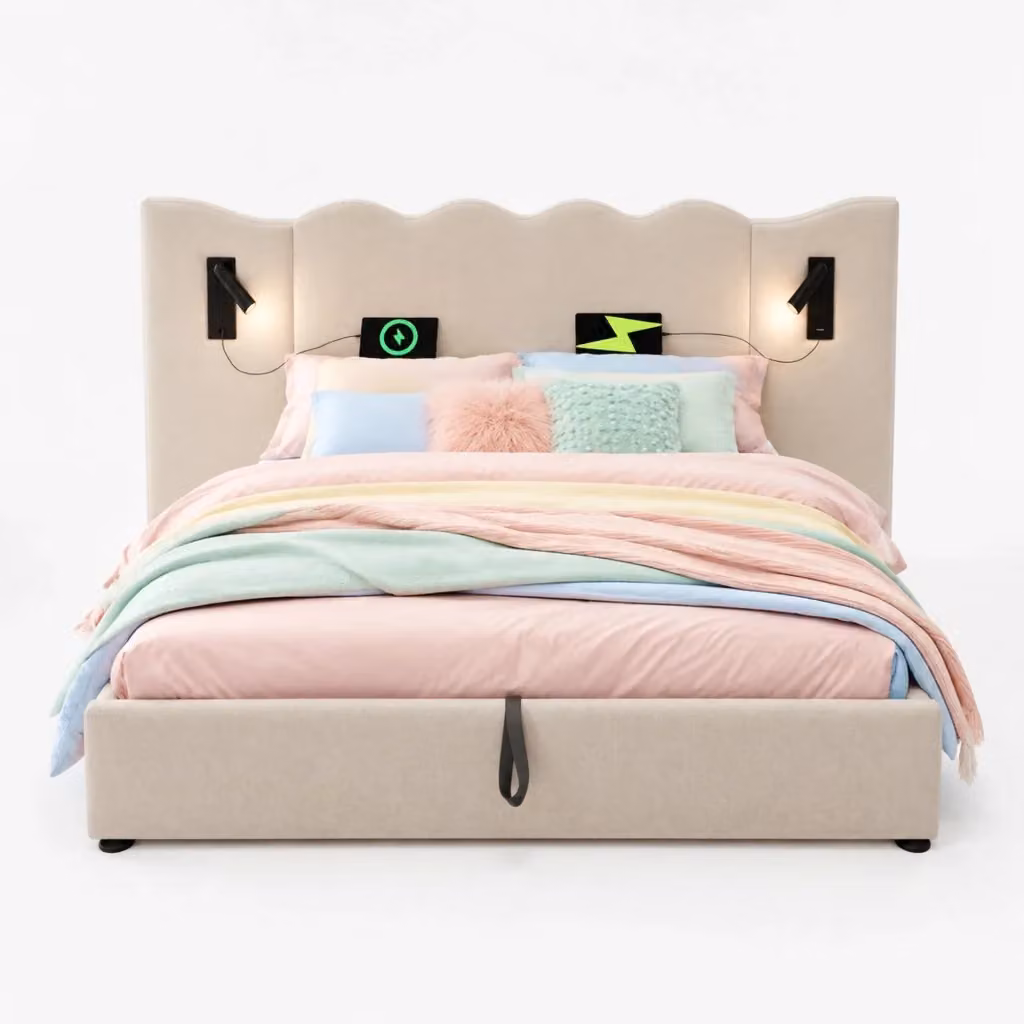 Letto contenitore Mivray con testiera ondulata in lino, lampada orientabile e porte USB/Type-C, beige, L/P: 180 x 200 cm – 2