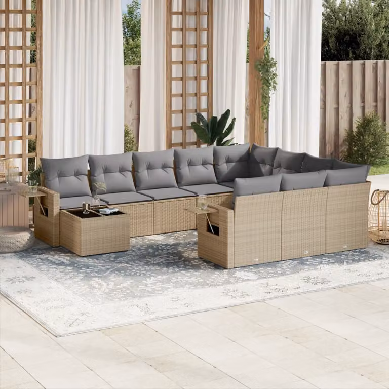 vidaXL Set Divani da Giardino 11 pz in Polyrattan Beige con Cuscini e Tavolino da Esterno