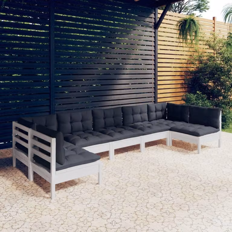 The Living Store Set da giardino 7 pezzi con cuscini in legno di pino massiccio bianco