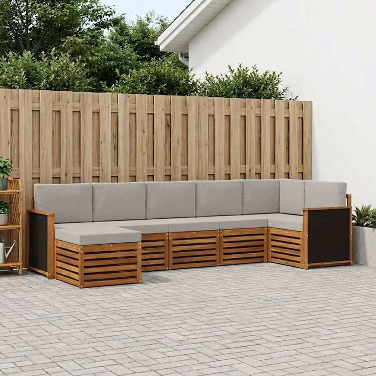 Set di divani da esterno vidaXL a forma di L composto da 6 pezzi in legno di acacia con cuscini beige e grigi
