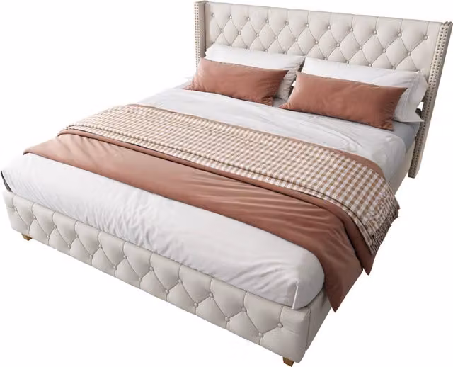 Letto Matrimoniale Imbottito Chicfurn in Lino Beige con Testiera con Rivetti L/P/H: 140 x 190 x 108 cm