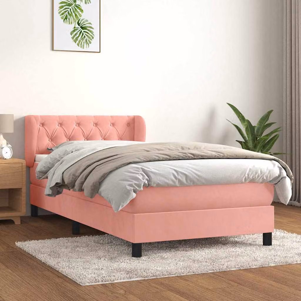 vidaXL Giroletto a Molle con Materasso Ibrido in Velluto Rosa e Bianco, L/P/H: 80 x 200 x 83 cm – 1