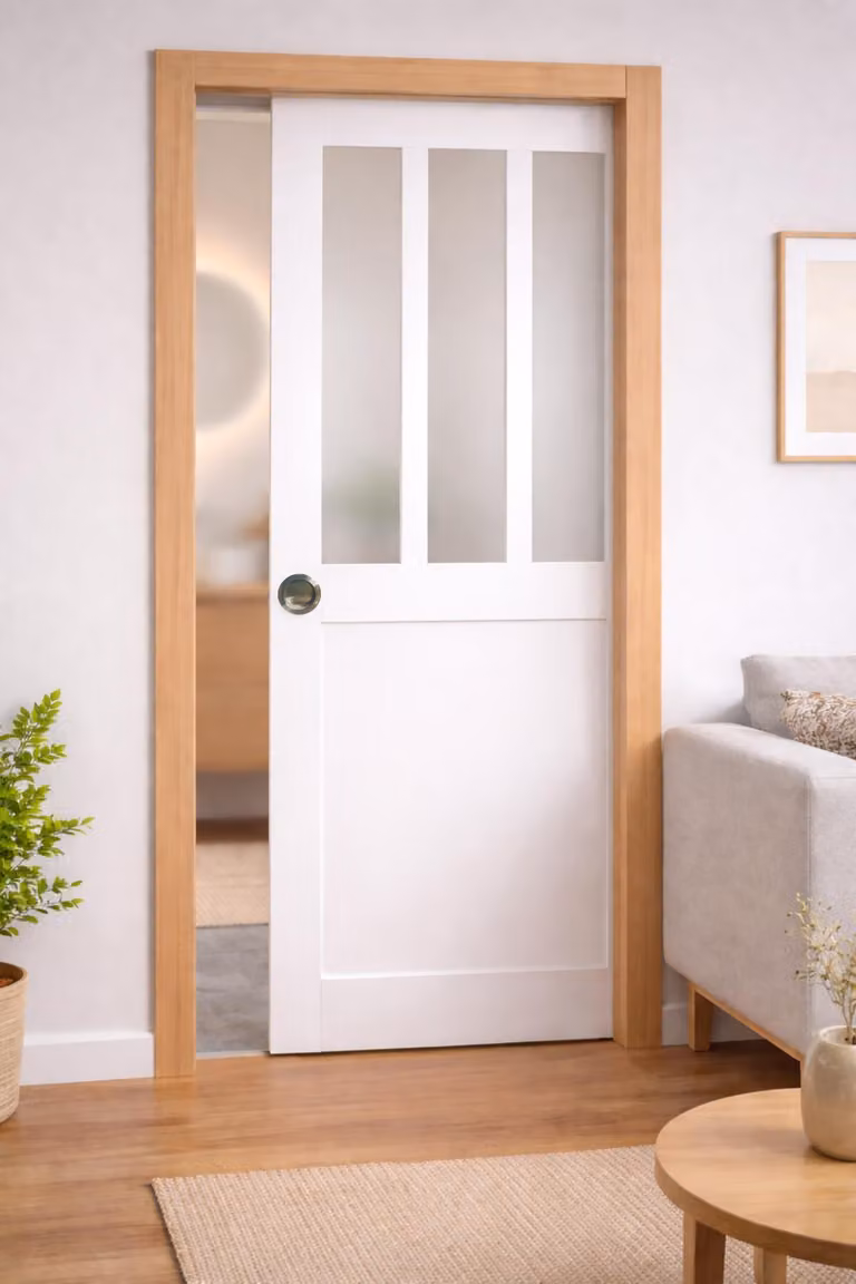 Porta scorrevole da officina bianca con vetro opacizzato H204 x L83 cm, incasso, kit finitura Gd Menuserie