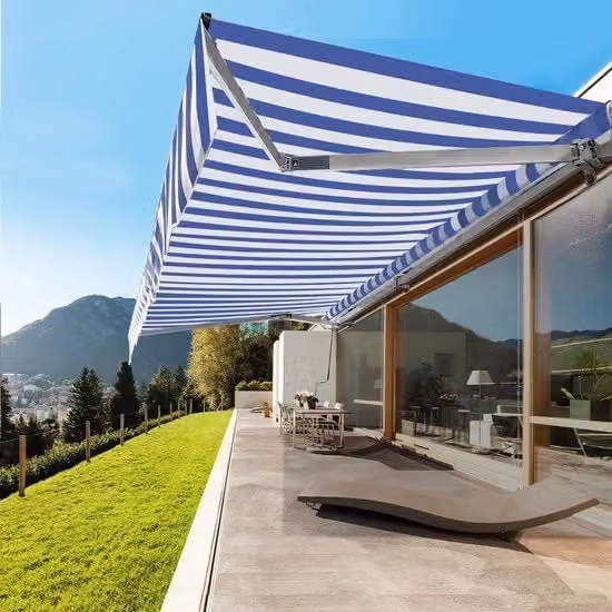 Ombrellone per balcone 350x300cm – Zonnescherm in alluminio – Braccio pieghevole con angolo – Ombrellone manuale - Blu/bianco
