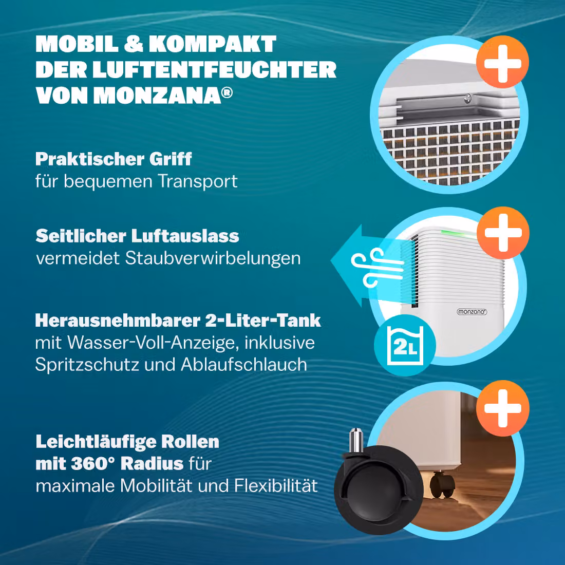 Deumidificatore elettrico monzana® bianco con capacità 12L, timer 24 ore, modalità auto, sleep e scarico continuo, L: 44,5 cm, P: 25,5 cm, H: 22 cm – 4