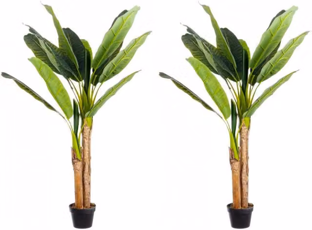 Set 2 Piante Artificiali di Banano 135 cm in Plastica con Vasi Verde