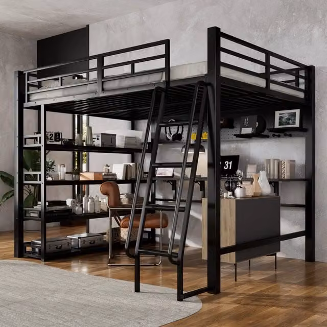 Letto a soppalco MIVRAY nero con ripiani laterali, porta di ricarica USB e scala inclinata, L/P/H: 208 x 140 x 172 cm
