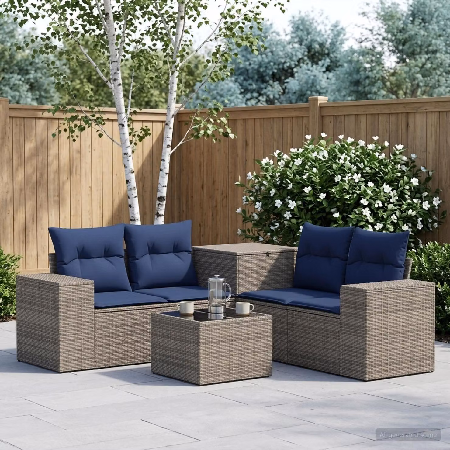 vidaXL Set di divani da giardino 6 pz a forma di L con tavolino, in rattan e acciaio, Grigio e Blu