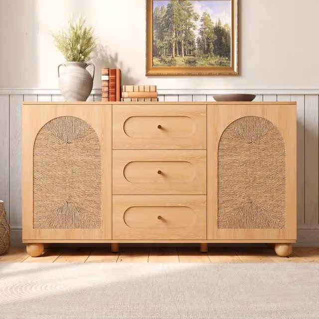 Sideboard WISHDOR in legno naturale beige con 2 ante in rattan e 3 cassetti, L/P/H: 140 x 40 x 80 cm