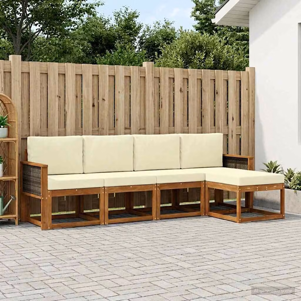 Set di divani da esterno a L vidaXL in legno di acacia con pouf e cuscini, beige e marrone