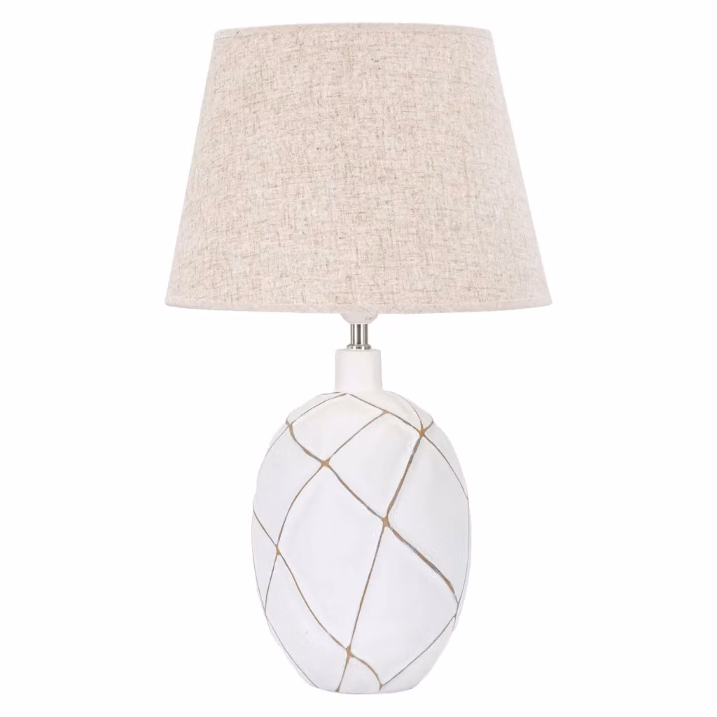 Lampada da Tavolo Baha in Ceramica e Tessuto, Bianco e Beige, con Lampadina E27 Sostituibile – 2