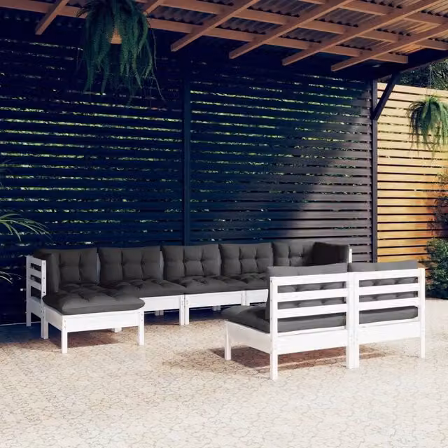 Set Divani da Giardino 9 pz con Cuscini Bianchi Legno di Pino 3097104