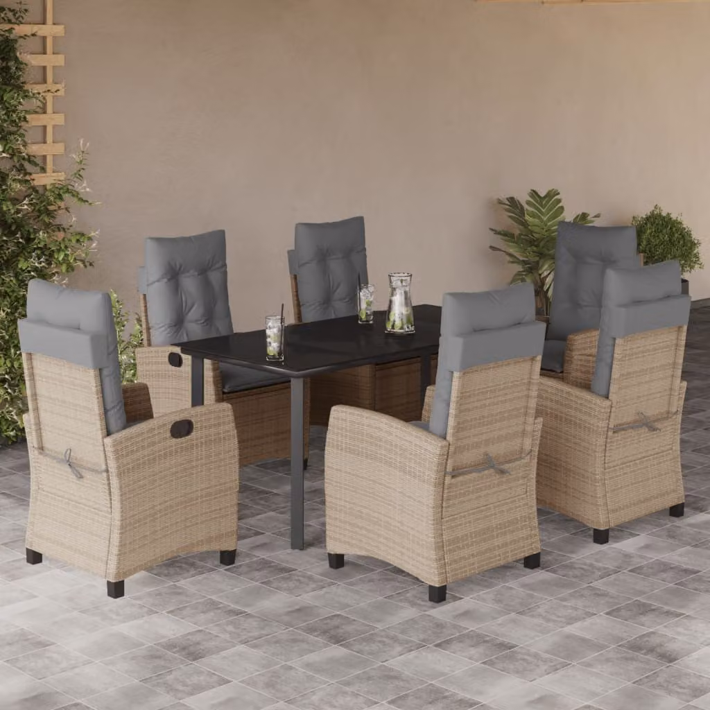 Set Pranzo da Giardino vidaXL 7 pz in Polyrattan con Cuscini Beige Misto e Tavolo in Vetro – 1