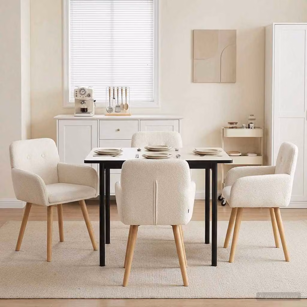 Set di 4 sedie da pranzo vidaXL in tessuto bouclé beige con struttura in legno e metallo, L: 59 cm, P: 56,5 cm, H: 85 cm