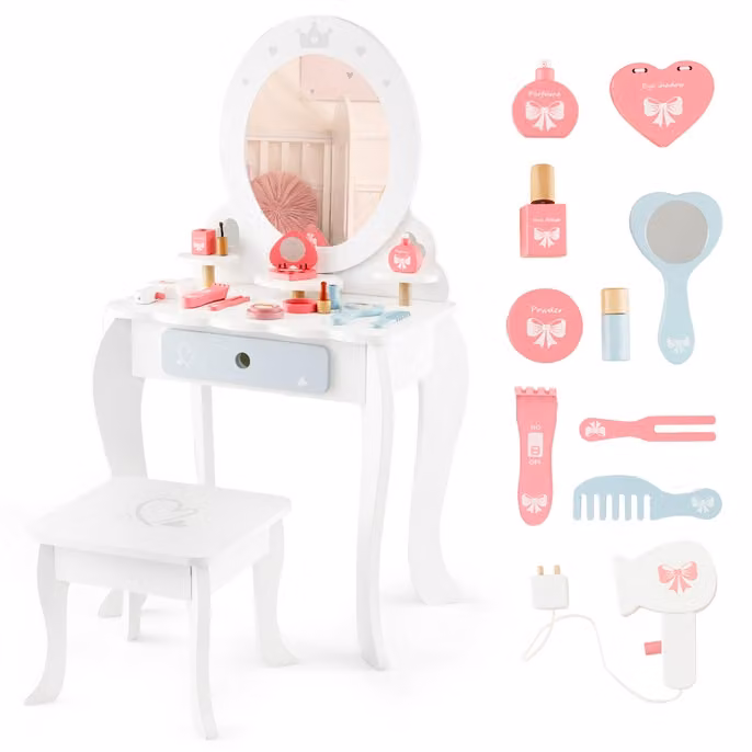 Set di toeletta per bambine Costway con tavolo trucco, sgabello e specchio rimovibile, colore bianco