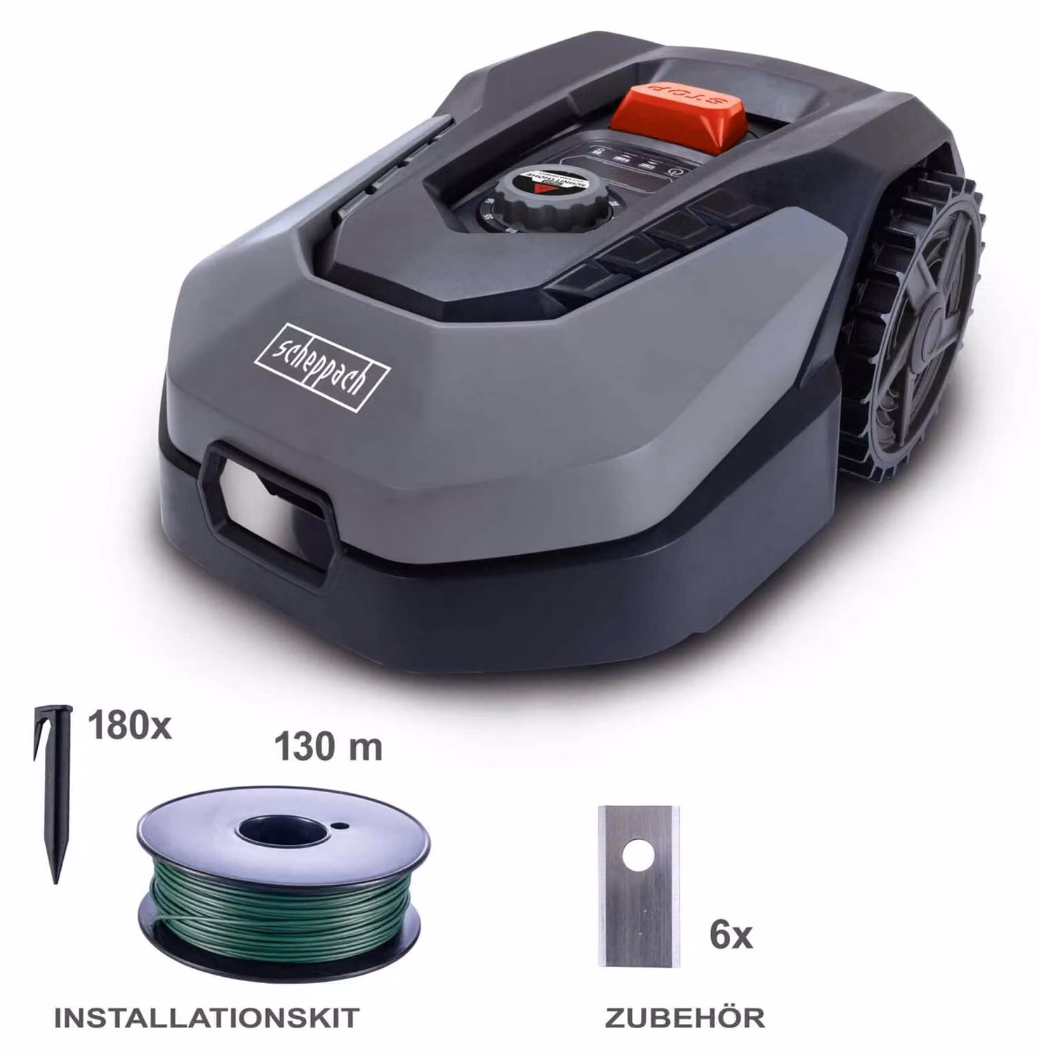 Rasaerba robotizzato RoboCut XL600 di Scheppach | fino a 600 m² di superficie erbosa | larghezza di taglio 180 mm | altezza di taglio 20 - 60 mm in continuo | 55 dB | utilizzabile tramite app