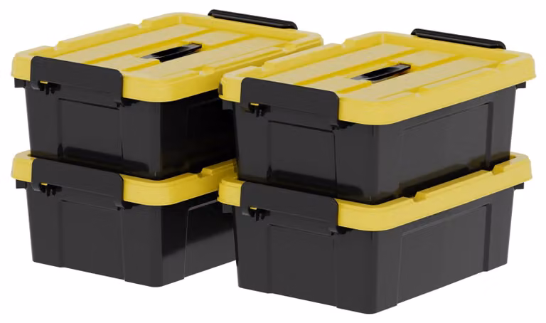 Contenitore in plastica con coperchio, capacità 15 litri, confezione da 4 pezzi, impilabile, colore nero e giallo, ideale per utensili