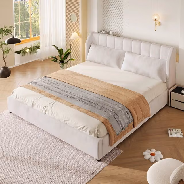 Letto imbottito Mivray beige con testiera a righe e rete a doghe L/P: 180 x 200 cm