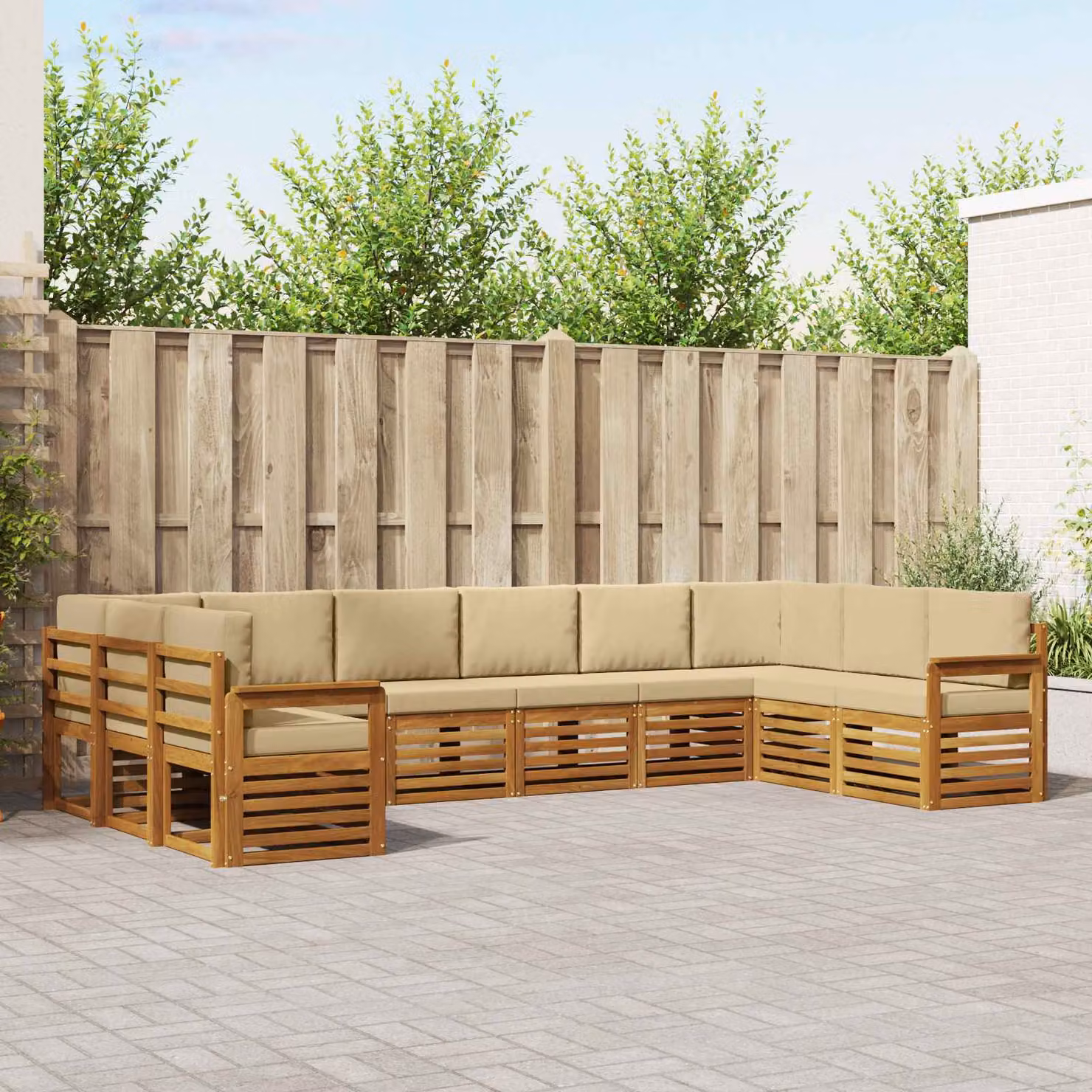 Set di divani da esterno vidaXL a forma di L in legno di acacia con cuscini, colore sabbia e beige