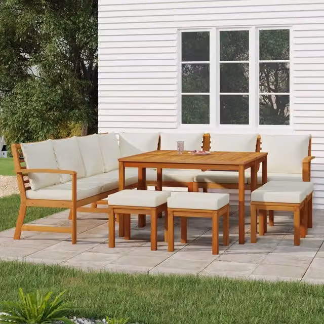Set da pranzo da giardino vidaXL in legno di acacia oliato con 11 pezzi e cuscini bianchi – 1