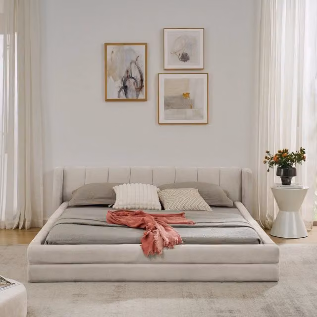 Letto Matrimoniale 160x200cm - Xylo - Testiera Chenille e Struttura Eucalipto/Ferro Beige