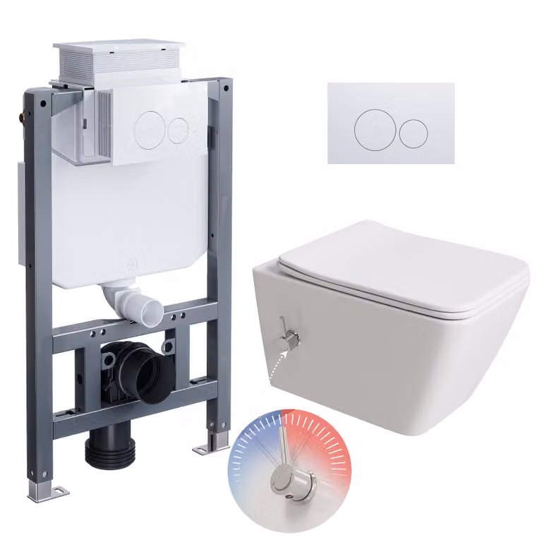 Set completo per WC sospeso con doccia integrata HOROW - 82 cm, composto da: elemento di supporto a muro, cassetta di scarico nascosta, vaso WC sospeso e pulsante rotondo bianco