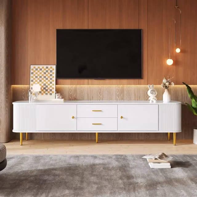 Mobile TV con 2 cassetti e 2 ante; 170x34x45 cm; MDF; bianco con dettagli oro