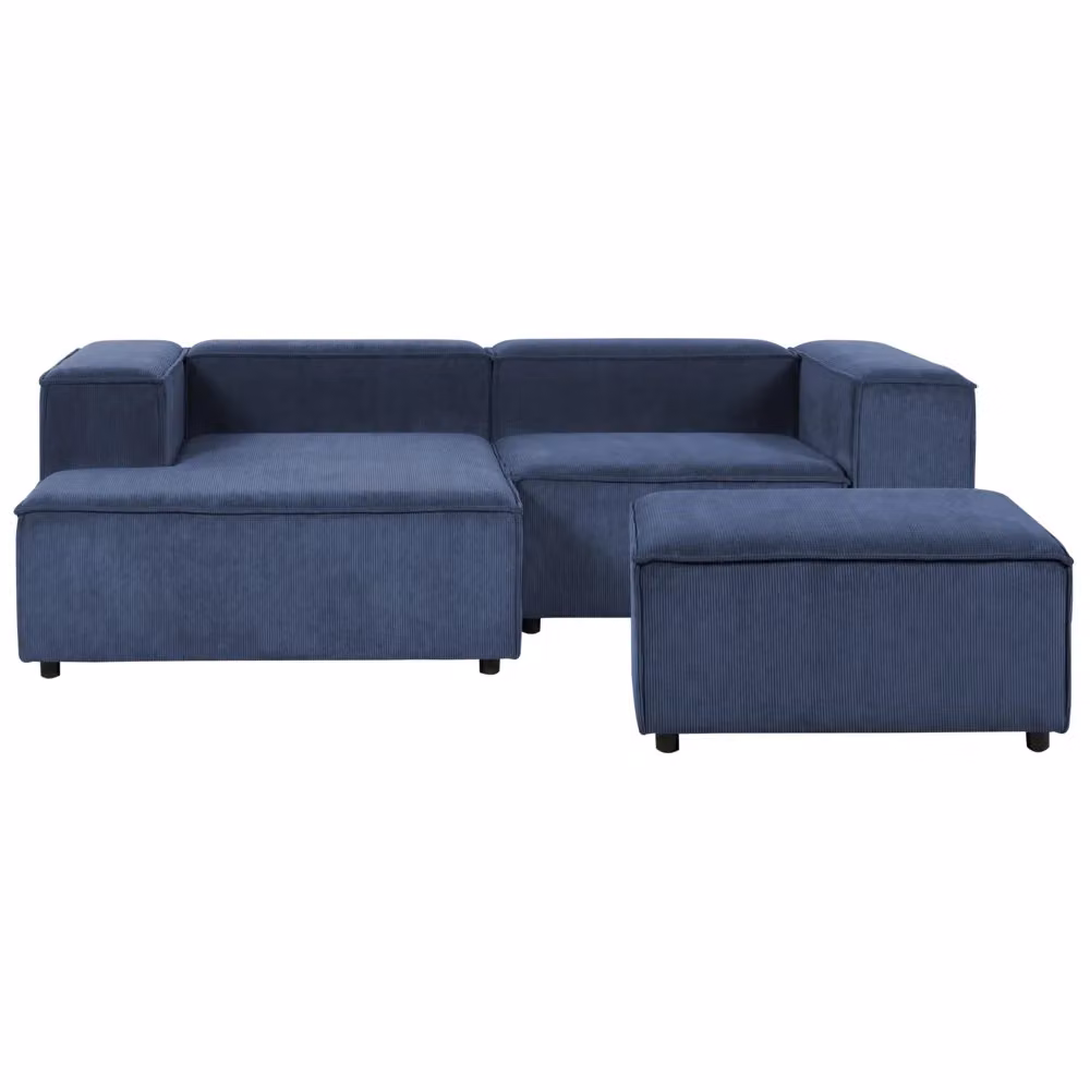 Divano angolare modulare Beliani IT a 3 posti con ottomana, modello a destra, rivestimento in velluto blu, struttura in legno massiccio, L 240 x P 180 x H 68 cm – 2