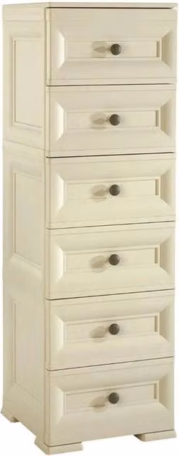 Cassettiera alta Tontarelli con 6 cassetti piccoli, colore bianco, effetto bugnato per camera, ingresso o zona living, L: 40 cm, P: 43 cm, H: 125 cm
