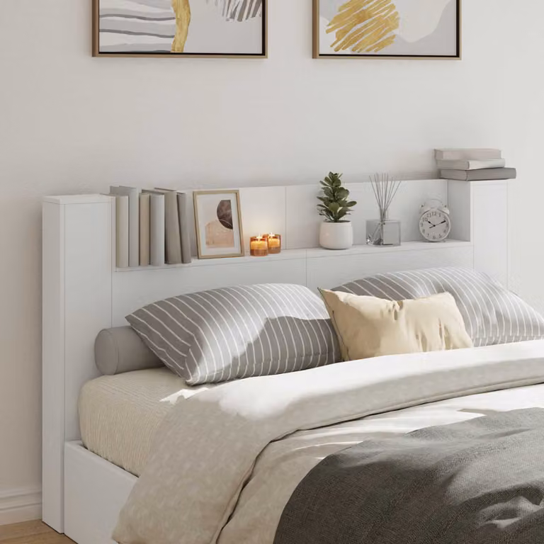 Testata del letto con mobile e illuminazione LED vidaXL, colore bianco, in legno ingegnerizzato, L: 180 cm, H: 103,5 cm, P: 22,79 cm