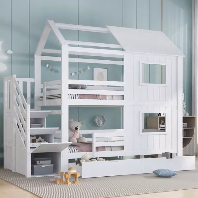 Letto a castello per bambini - Zephmum- 90x200cm- Bianco- Con scala armadio, cassetti e tetto