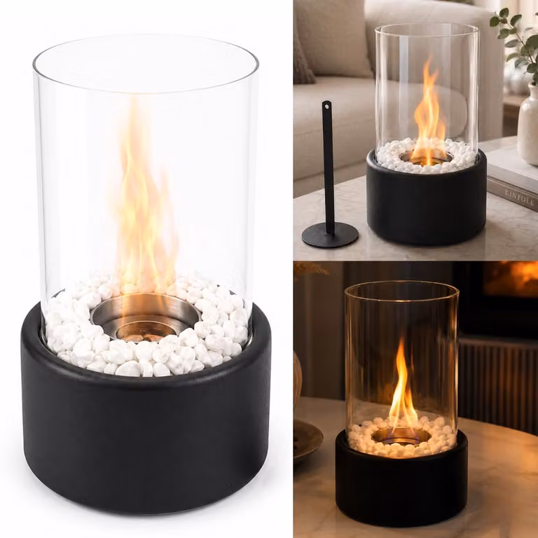 Biocamino A Bioetanolo Nero 26,5 x 16 cm Con Vetro E Pietre Decorative Per Una Fiamma Elegante Senza Fumo