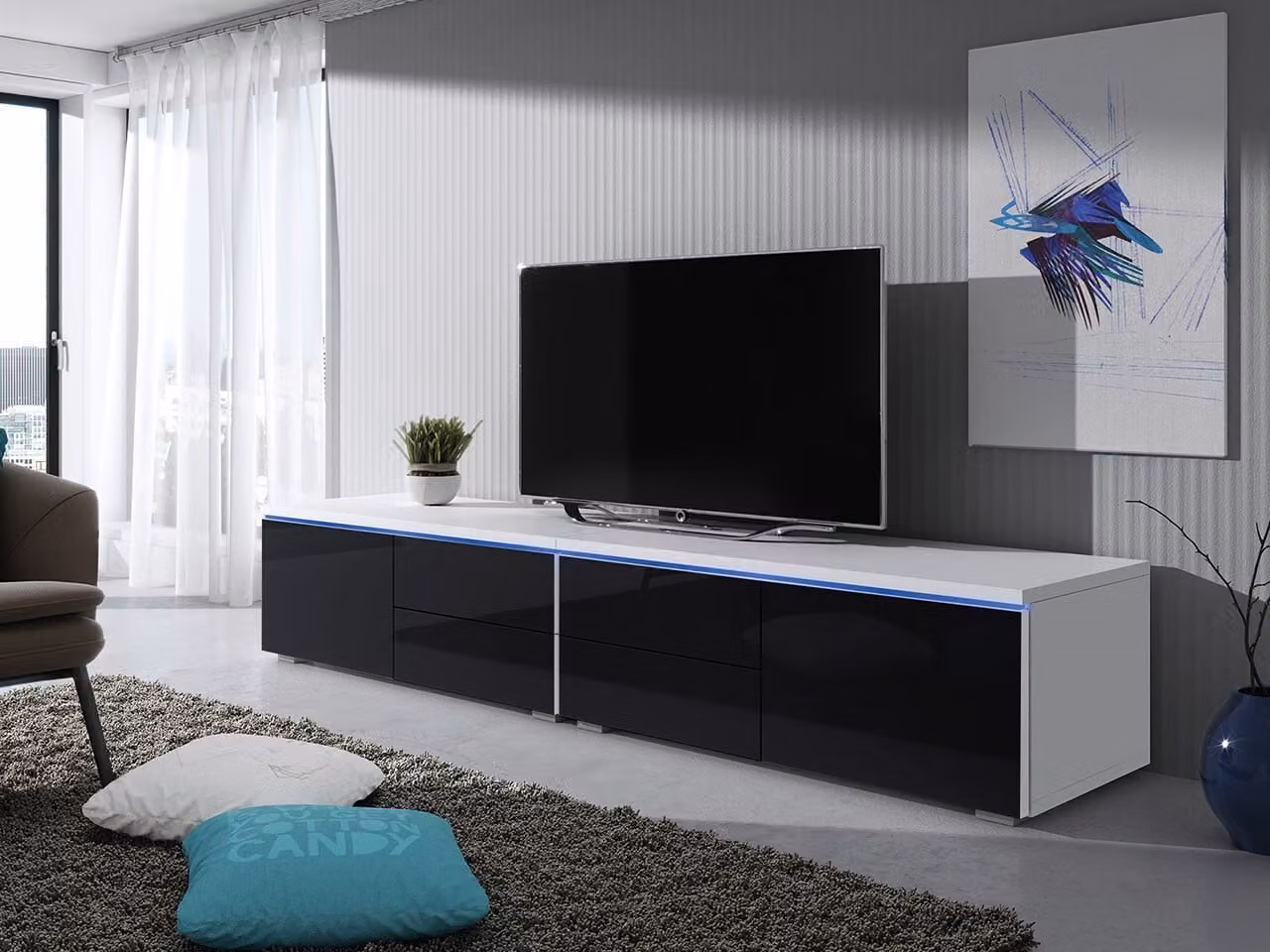 Tavolino per TV con illuminazione a LED FERNS D 11 - bianco / nero lucido