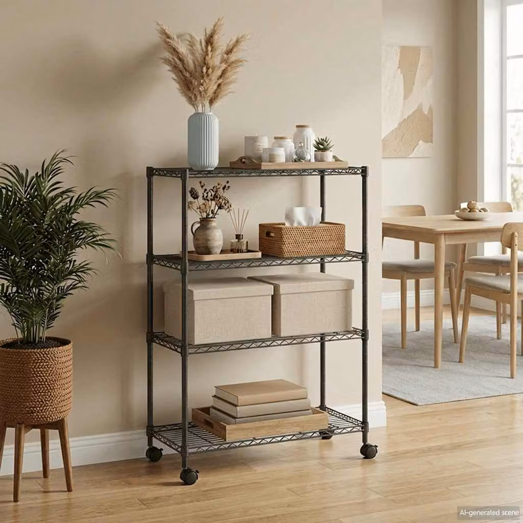 Scaffale a 4 Livelli con Ruote vidaXL in Metallo Nero con Ripiani Regolabili L 90 cm x P 35 cm x H 142 cm