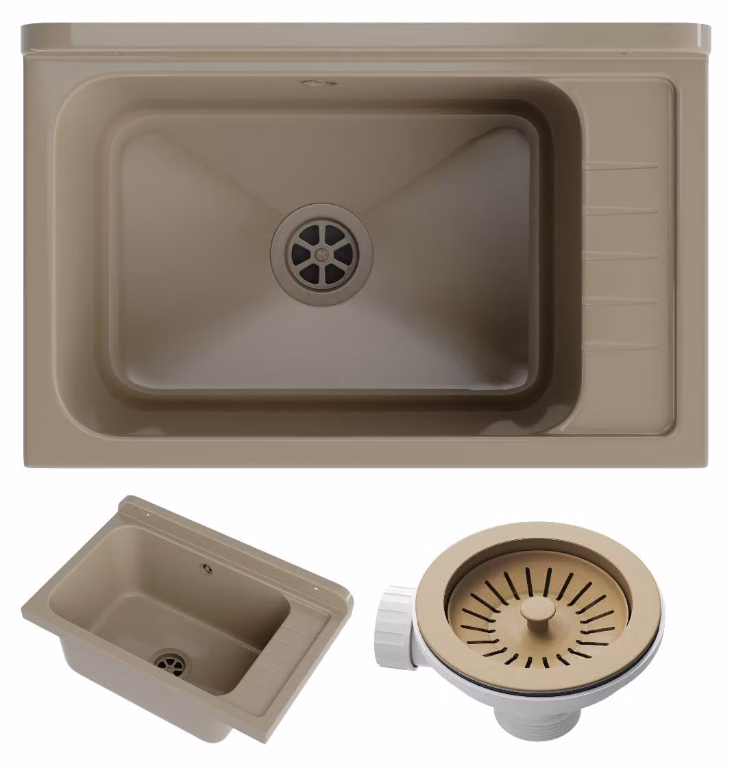 Granitan - Lavatoio - Lavandino 58x38 cm - Lavello beige - con sifone - MONZA