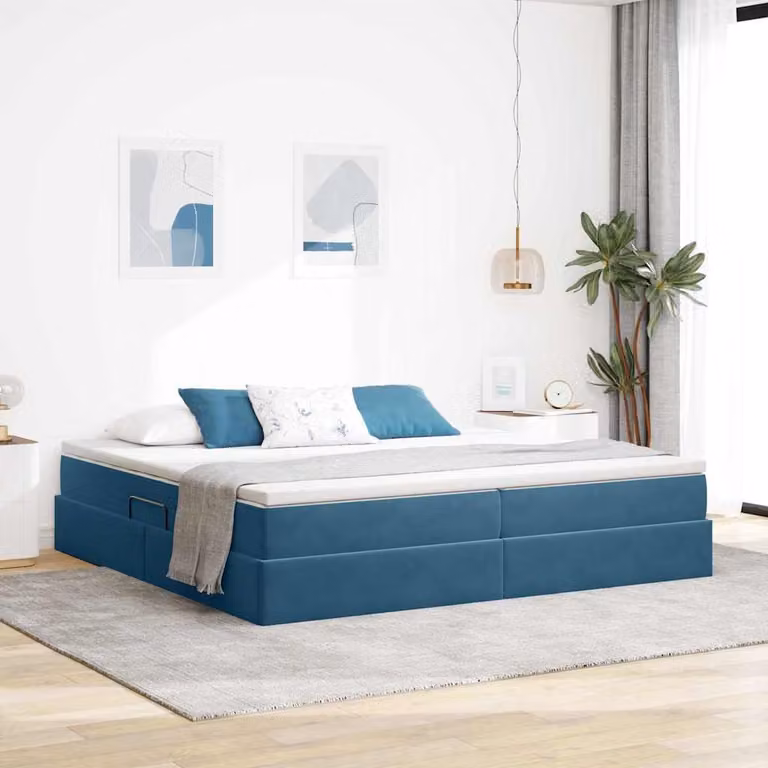 vidaXL Letto con contenitore e materasso ibrido in velluto blu L: 200 cm, P: 200 cm, H: 280 cm