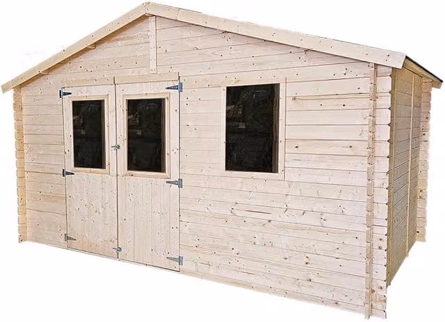 Casetta da giardino in legno Alce in abete naturale color beige e marrone con pareti da 25 mm, porta doppia finestrata e serratura, L/P: 396 x 396 cm