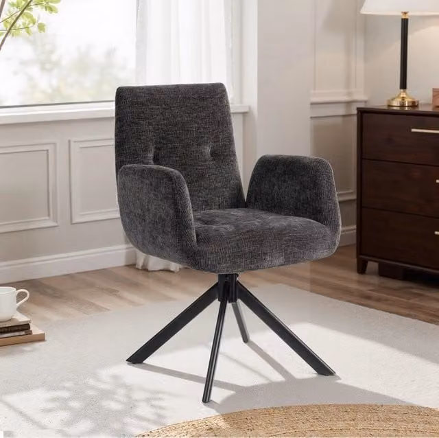 Poltrona imbottita girevole in tessuto lana-lino nero, capacità 120 kg, 60x61x88 cm