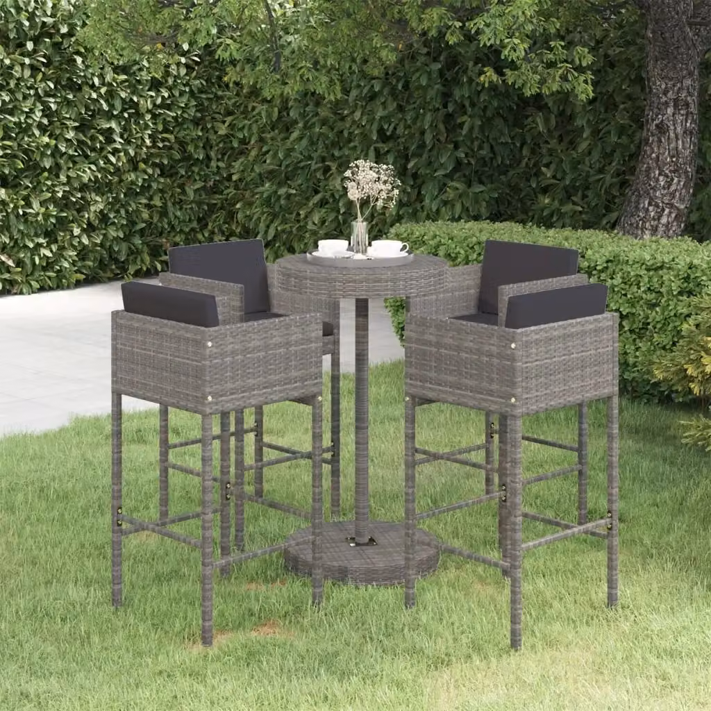 Set da Bar da Giardino 5 pz in Polyrattan Grigio con Tavolo Rotondo e Cuscini – 2