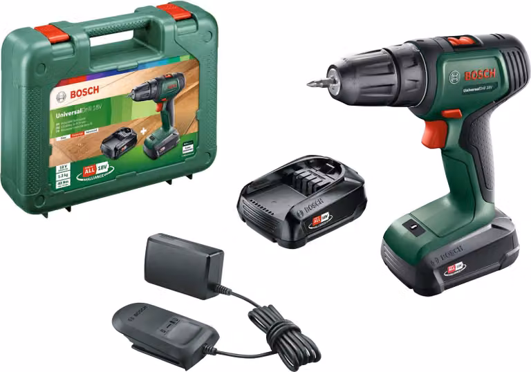 Bosch Cordless Drill Driver - UniversalDrill 18 (Supplied with 2 x 18V-1.5Ah batteries + charger + carrying case)