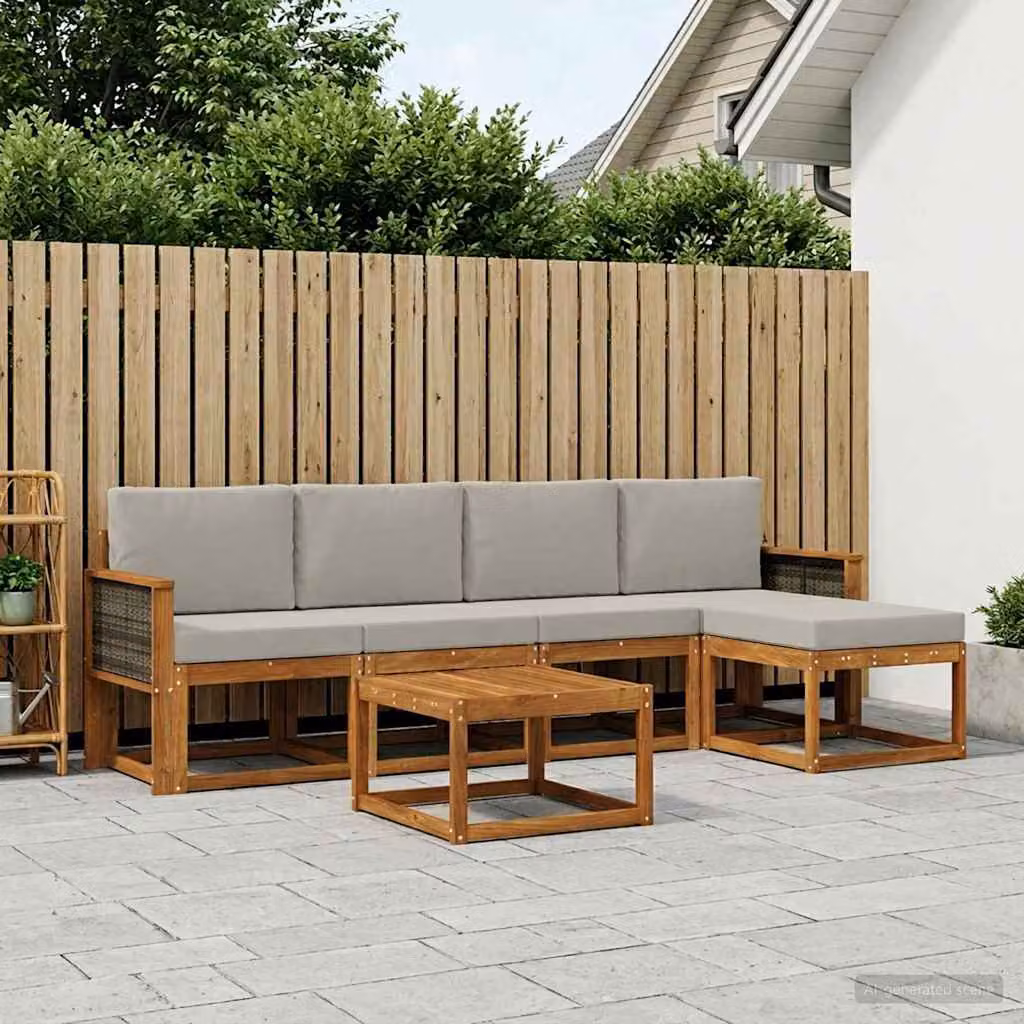 Set di divani da esterno vidaXL 6 pz in legno di acacia con cuscini, composizione a L con tavolino e pouf, colori beige, grigio e marrone