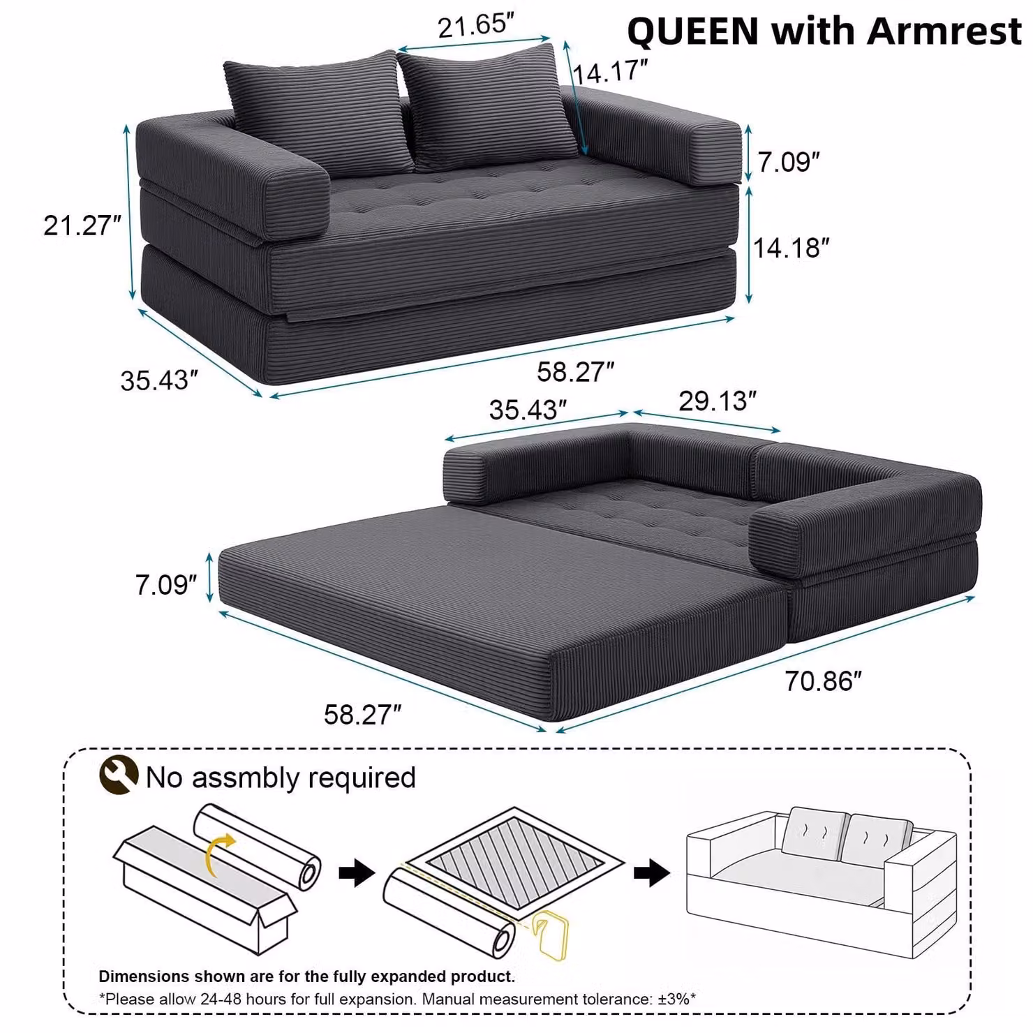 Divano letto - Queen size - Pieghevole - Materasso pieghevole - Con cuscini - Schienale - Rivestimento in tessuto - Grigio