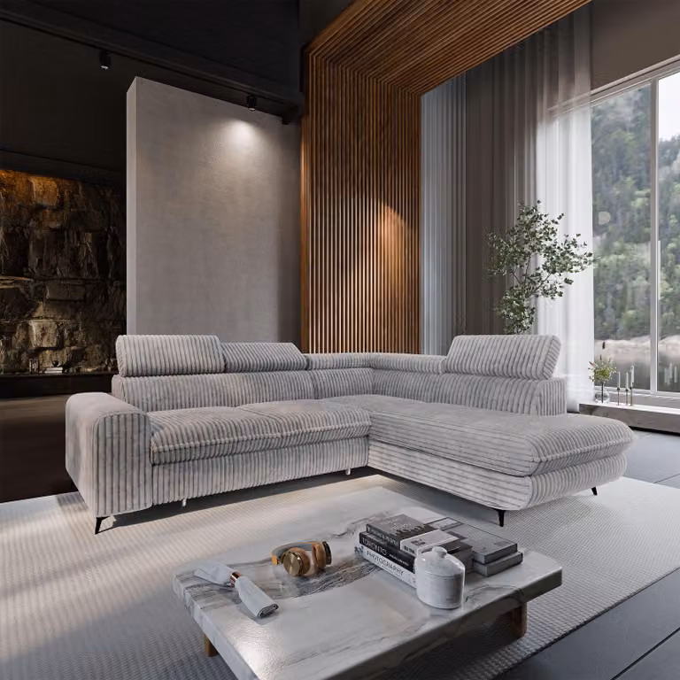 Divano ad angolo Masseno VELISS con funzione letto a L, divano con contenitore, divano da salotto, divano, divano letto, set divani - Grigio chiaro, TILIA 86