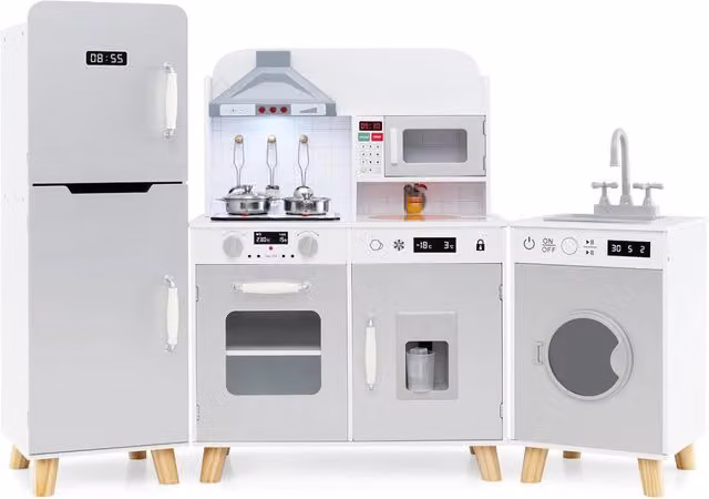 Cucina Giocattolo FDS Gmbh con Frigorifero, Lavatrice, Forno e Microonde con Luci e Suoni, Grigia, L/P/H: 120 x 30 x 90 cm