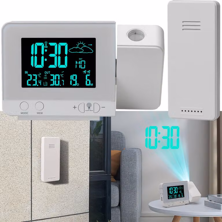 Sveglia proiettore 2-in-1 e stazione meteorologica radio con porta USB – Sveglia con sensore esterno, proietta l'ora in 8 colori su parete e soffitto