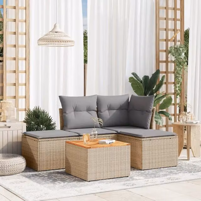 Set Divano da Giardino 5 pz con Cuscini Beige in Polyrattan 3223588