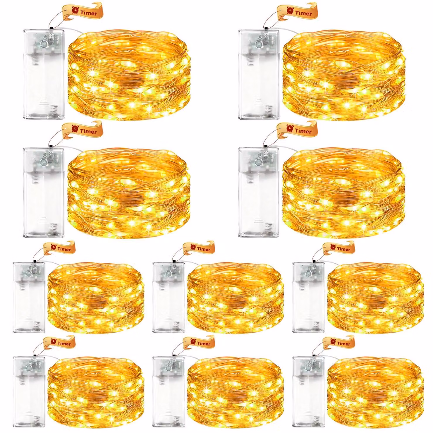 Catena luminosa a LED, set da 10, lunghezza 3 metri, 30 LED, luce bianco caldo, con timer, alimentazione a batteria