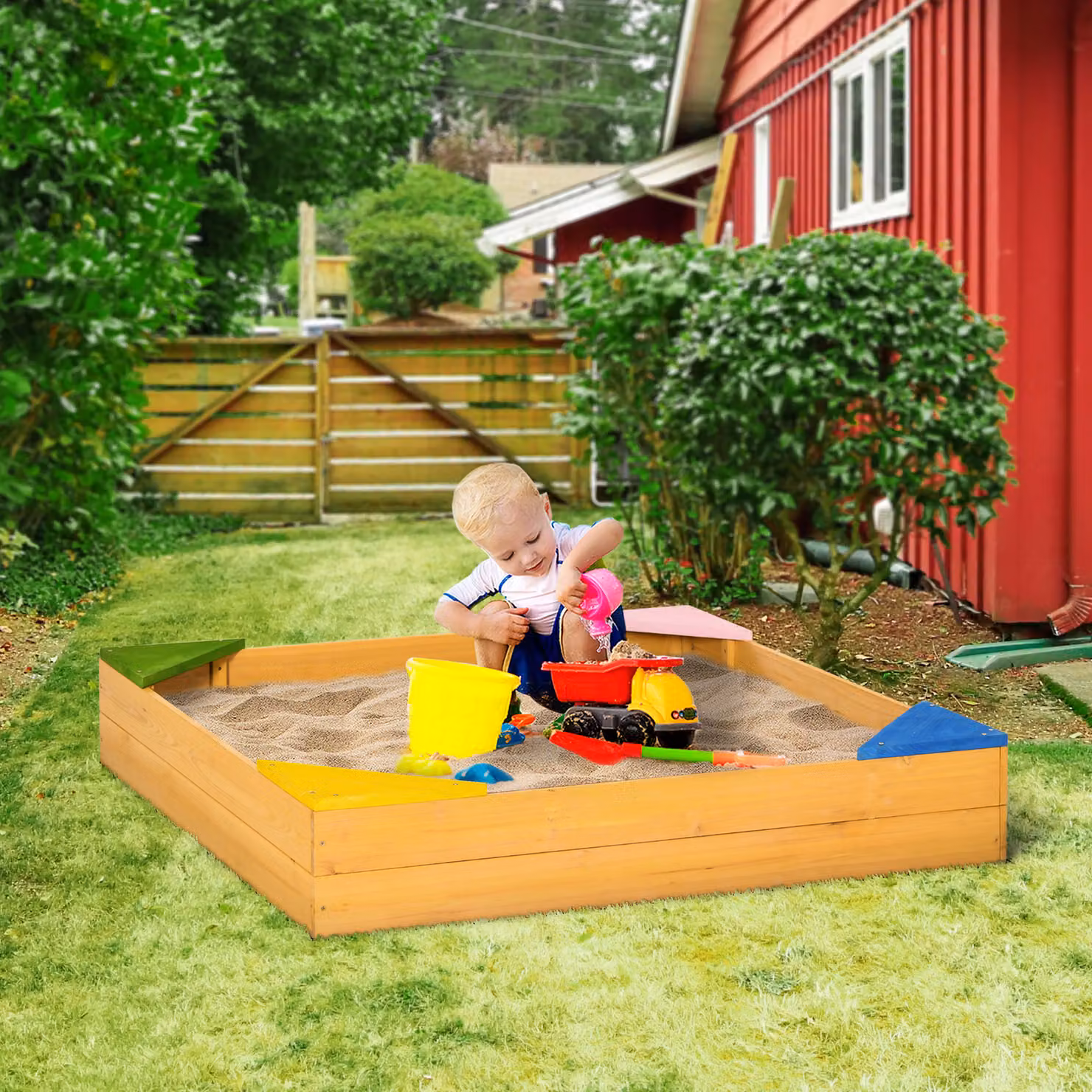 Sabbiera per bambini Outsunny in legno di abete marrone con design senza fondo, L/P/H: 109 x 109 x 19,8 cm – 2